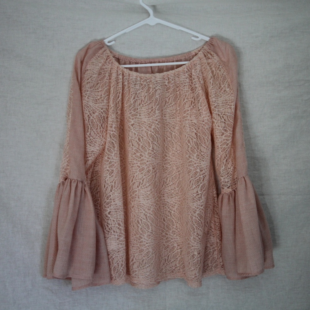 Light pink lace bell-sleeved blouse, NWOT
